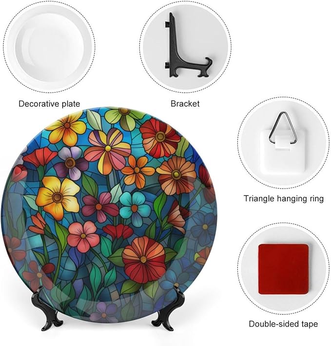 Stained Glass Theme Decorative Ceramic Plate Round Porcelain Plate,7 inch,Colorful Flowers Pattern,for Decorative Ornaments Giving Plates, 1 Plate with 1 Display Stand,Multicolor