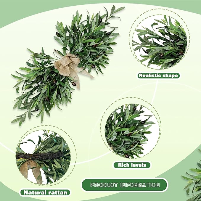 24" Floral Swag, Greenery Swag, Artificial Olive Flower Swag, Spring Floral Swag with Green Leaves Olive Fruit, for Wedding Arch Party Wall Home Garden Decor(1PCS)