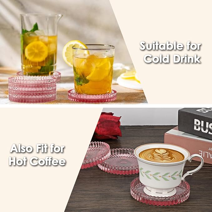 Modern Clear Coaster Set of 5- Glass Coasters for Drinks Crystal Coasters Round Cup Coaster Coffee Table Decor for Office, Kitchen, Bar, Dining Room, Living Room, Patio(Clear Pink)