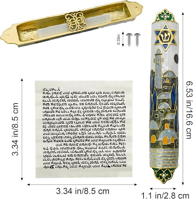 Mezuzah with Scroll for Door, Enamel&Zinc Alloy Blessing Mezuzah Case for Door, Colored Painted Mezuzha Scroll Kosher for Jewish Gifts/Jewish Decor, Christmas (Mutil Color, 1.1x6.53 in)