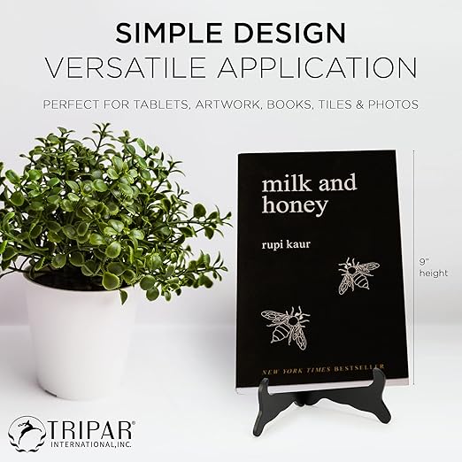 Tripar Wooden Display Stand, Black Finish (10-Inch Depth) - Decorative Tabletop Easel Display - Handcrafted Design with Gold Latches - Perfect for Holding Plates, Cookbooks, Artwork, Pictures, & More