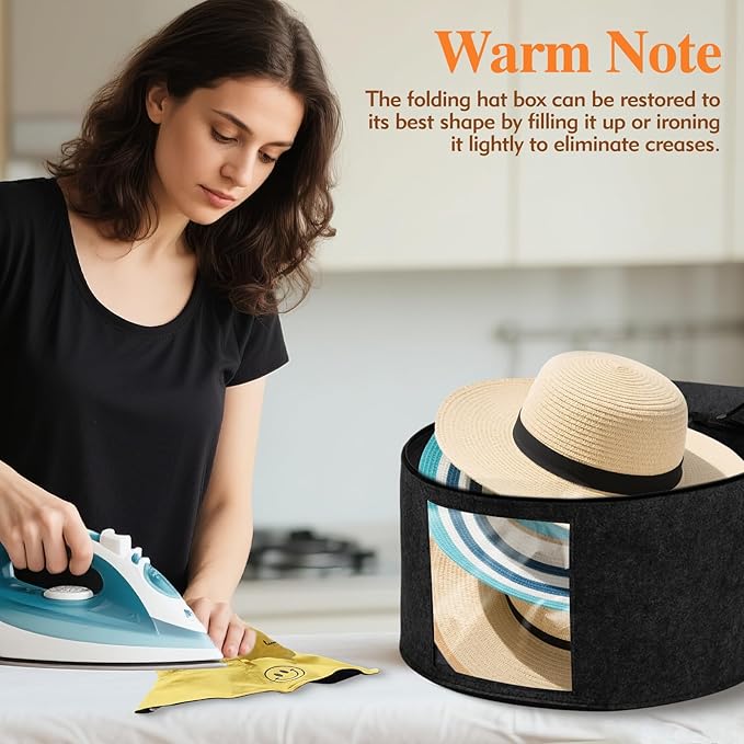 Round Hat Box, Stackable Felt Hat Boxes for Women Storage, Foldable Premium Hat Travel Case with Dustproof Lid, Space Saving Hat Organizer(Black)