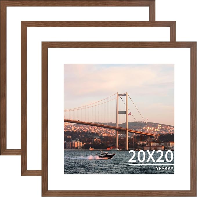 20x20 Picture Frame 3 Pack - Brown Poster Frame Display Pictures 16x16 with Mat or 20 x 20 Without Mat for Wall Hanging Horizontal and Vertical