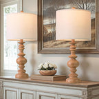 BOBOMOMO 24" Farmhouse Table Lamps Set of 2 – Rustic Light Brown Resin Bedside Lamps with Linen Shades, Medium Size Nightstand Lamps for Bedroom, Living Room, and Entryway, Ideal for Warm, Cozy Spaces