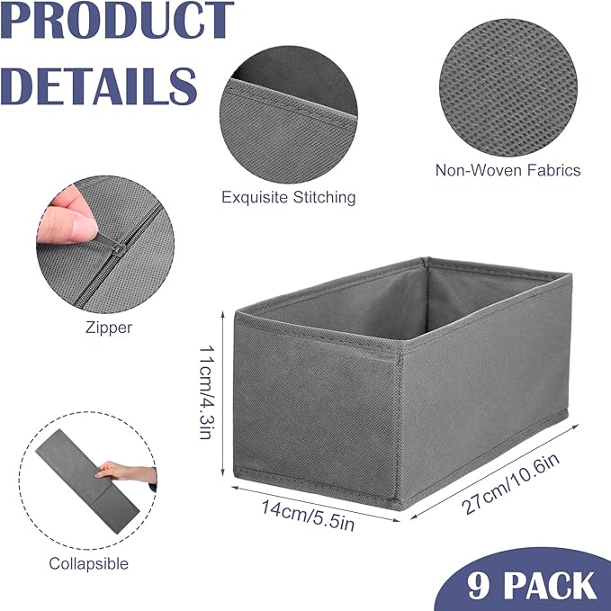9-Pack Foldable Drawer Organizers Foldable Storage Bins – Clothing Drawer Organizer for Clothes, Dark Grey (10.6"x5.5"x4.3", Non-Woven Fabric)