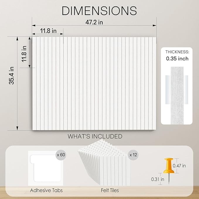 MaxGear Large Cork Boards for Walls 48" x 36", White Felt Bulletin Board Tiles for Office Decor, 12 Pack Felt Wall Tiles with Slat Paneling, Push Pin Board Home Wall Organizer