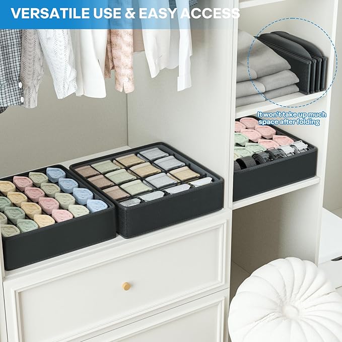 Fashion Leather Sock Underwear Drawer Organizer clothes, Closet Dividers，64 Cell (16+24+24) Foldable Leather Storage Box for Panties, Ties, Accessories（3 Pack）