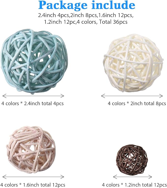Patelai 36 Pcs Wicker Rattan Balls Decorative Balls for Vase Centerpiece Bowls Orbs Filler for Home Decor,4 Sizes(Blue, Light Brown, Dark Brown, White,2.4'',2'',1.6'',1.2'')