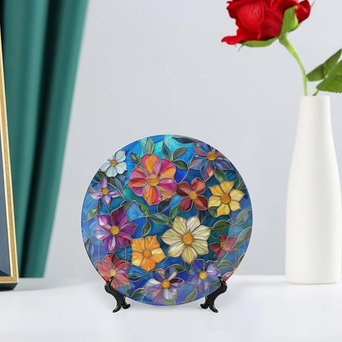 Stained Glass Theme Decorative Ceramic Plate Round Porcelain Plate,10 inch,Colorful Flowers Pattern,for Decorative Ornaments Giving Plates, 1 Plate with 1 Display Stand,Multicolor