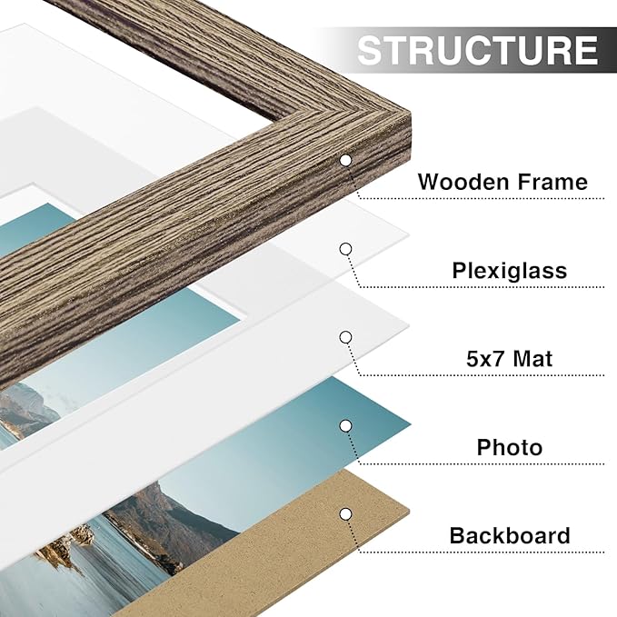 Vittanly 8x10 Picture Frames Set of 9, Shatter Resistant Plexiglass, Display 5x7 Pictures with Mat or 8x10 without Mat, Photo Frames for Wall or Tabletop, Engineered Wood, Grayish Brown