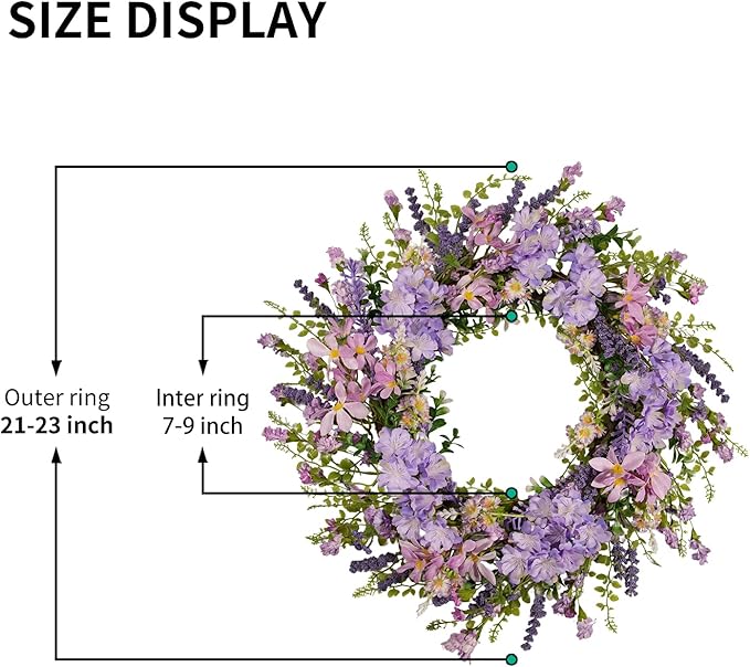 Purple Hydrangea Wreath for Front Door, 22 Inch Spring Wreath with Lavender & Artificial Flowers, Berry and Grain Accents, Rustic Farmhouse Floral Wreath for Outdoor Porch Indoor Home Decor