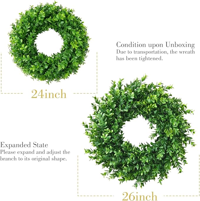 24" Faux Large Preserved Boxwood Wreath - Waterproof Spring & Summer Greenery Floral Wreath for Front Door, Porch, Farmhouse, Wall, Window - Indoor & Outdoor All Seasons Hanging Home Décor