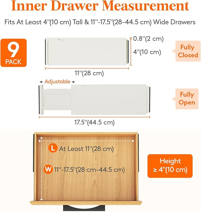 Lifewit 9 Pack Drawer Dividers 4" High 28-43.5cm/11-17" Adjustable Drawer Organizer for Clothes/Utensils, Expandable Drawer Separator in Dresser/Kitchen/Bedroom/Office Organization & Storage Beige