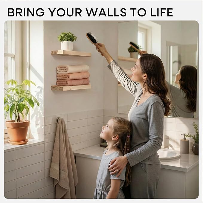 Homeforia 12 inch Natural Floating Shelf, High End Solid Real Wood 12inch Small Floating Shelves for Wall Mounted, Natural Wooden Floating Shelves, Heavy Duty Bracket, 12 X 6.5 X 1.75 in, Set of 4