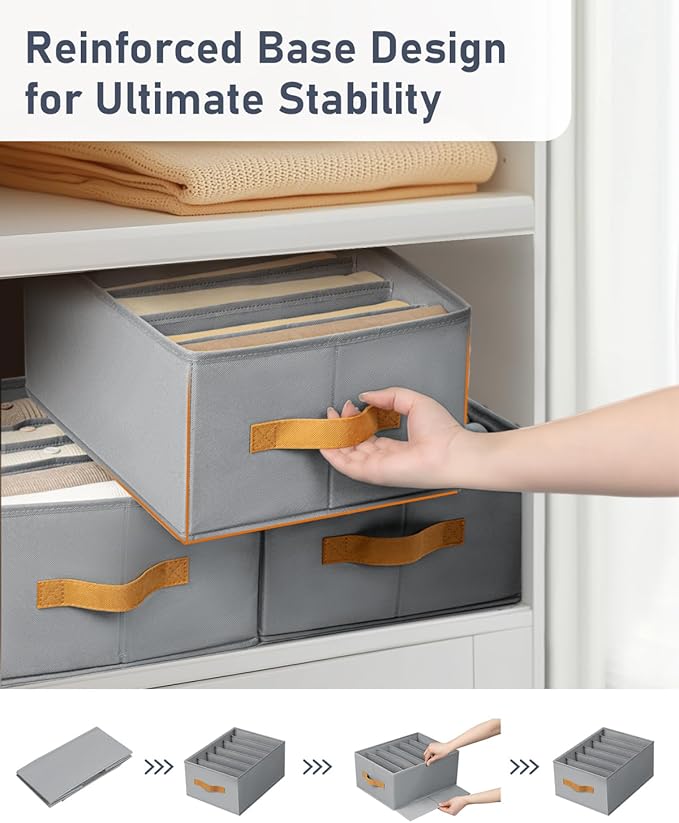 DIMJ Large Wardrobe Clothes Organizers - Foldable Closet Clothing Organizer for Jean Sweater Shirt Pants Underwear Bra, Divided Clothes Drawer, Grey Closet Shelf Organizer Boxes | Foldable, for Jean, for Sweater, for Shirt, for Pants, for Underwear