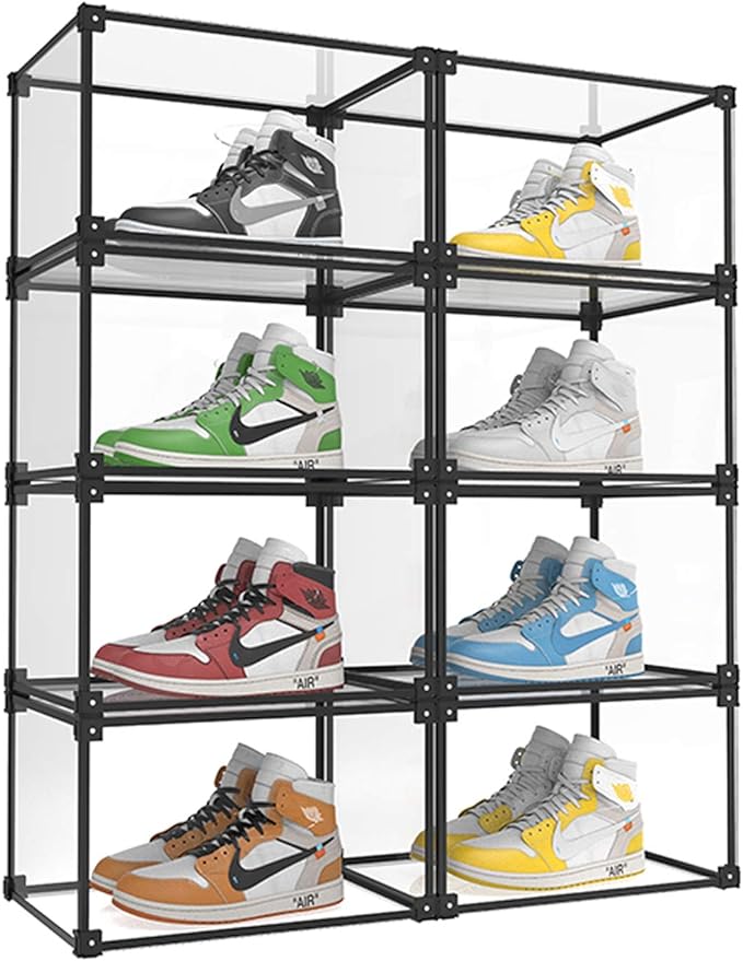 Magnetic Side Open Transparent Plastic Storage Shoe Box Clear Shoe Display Case Sneaker Shoe Storage Box Display Box Shoe Container Clear Closet Shelf Shoe Organizer (Black 8PC)