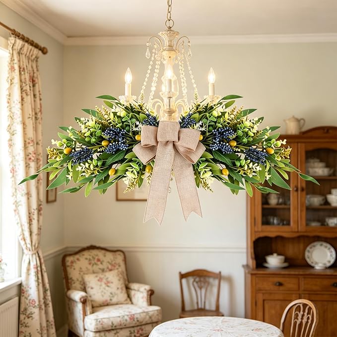 Floral Swag for Front Door Greenery Teardrop Swag Artificial Eucalyptus Olive Leaves Mixed Berry Swag with Bow Summer Wreath for Farmhouse Wedding Arch Party Wall Home Indoor Outdoor Holiday Decor