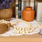 Farmhouse Beads, 59in Wood Bead Garland with Tassels, Bookshelf Decor for Tiered Tray, Decorative Tassel for Tier Tray, Rustic Beads Centerpiece Boho Table Decor, Beaded Accent White Washed
