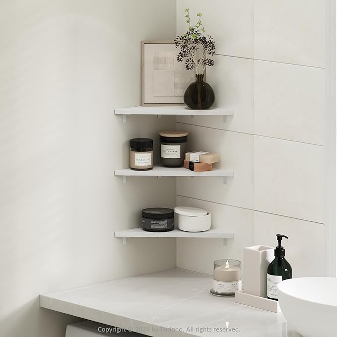 Furinno Rossi Triangle Floating Shelves for Wall, Set of 3 Geometric Corner Shelf, Wall Mounted Shelves for Bathroom, Home Office, Living Room, White