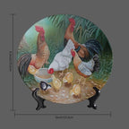 Rooster Decorative Plate Holder, 6 Inch, Rooster Hen Chicks Foraging Round Display Plate, Hanging Decorative Plate with Display Stand, for Kitchen Party Coffee Table Decor Art