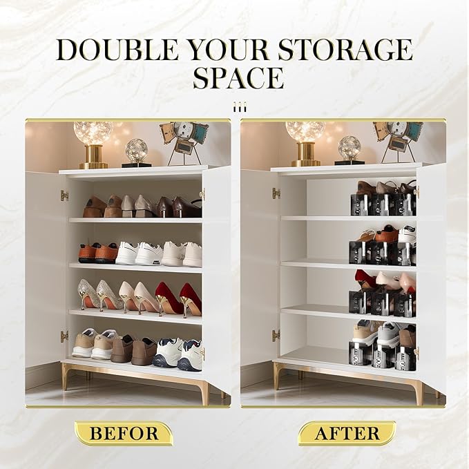 Shoe Slots Organizer 20 Pack - Shoe Stacker,3 Levels Adjustable,Space Savers 50%,Double Layer Holders for Closet (Black),Organizador de Zapatos