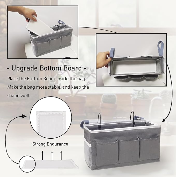 Bedside Caddy Hanging Storage Bag, Organizer Baskets with Pockets for Bunk Bed Accessories, Loft & Dorm Rooms Chair Bed Rails (Gray_1pcs)