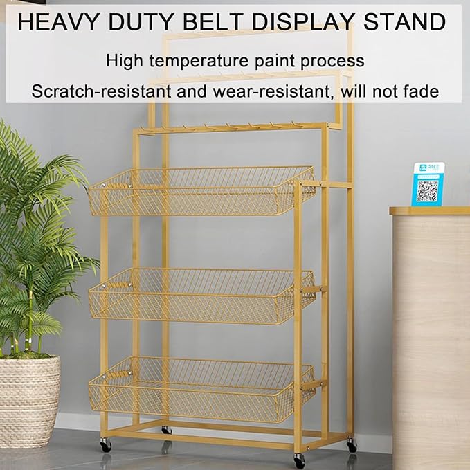 Heavy Duty Belt Display Stand, Metal Belt Rack with 360° Rolling Wheels, Multi-Functional Accessory Display for Belts/Scarves/Wallets, Retail Belt Organizer for Store/Closet/Boutique