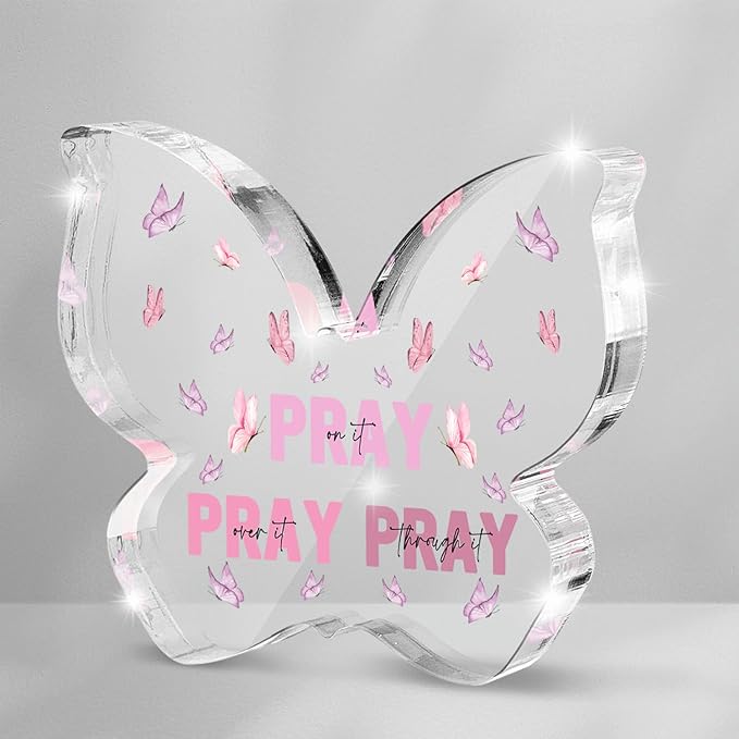 Pink Christian Gifts for Women, Religious Plaques Christian Woman Decor Gifts, Modern Home Office Room Bathroom Bedroom, Pray On It Over It Valentines Day Decor for Teacher Boss Friend (Butterfly)