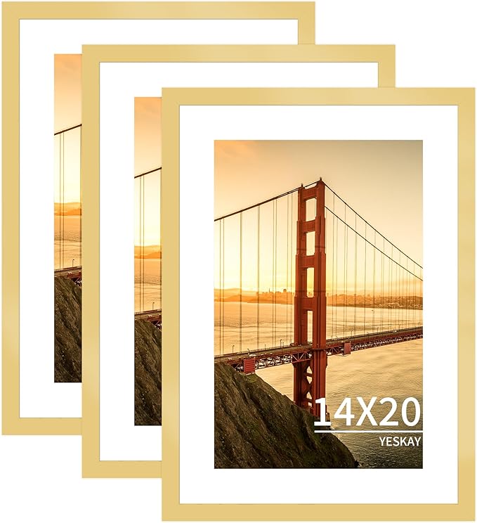 14x20 Picture Frame 3 Pack - Gold Poster Frame Display Pictures 11x17 with Mat or 14 x 20 Without Mat for Wall Hanging Horizontal and Vertical