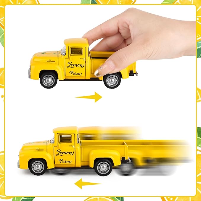 Lemon Metal Truck Lemon Home Kitchen Decorations with 4 Pcs Plastic Lemons Vintage Farmhouse Tabletop Tiered Tray Decor for Summer Home Kitchen Mantel Shelf Bookshelf Mini Truck Decorations
