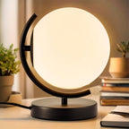 Modern Globe Table Lamp - 7.1" Opal Glass Shade, Black Metal Base - Mid Century Small Lamp for Bedroom Nightstand, Office Desk - Plug-in with 5.9FT Cord & On/Off Switch-Decorative Bedside Table Light