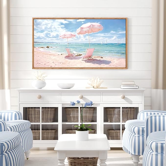 KAlRNE Summer Pink Beach Framed Canvas Wall Art Set of 1(20”X40”),Seascape Coastal Surfing Wall Decor,Modern Nature Ocean Art Prints For Living Room Bedroom Office