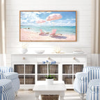 KAlRNE Summer Pink Beach Framed Canvas Wall Art Set of 1(20”X40”),Seascape Coastal Surfing Wall Decor,Modern Nature Ocean Art Prints For Living Room Bedroom Office