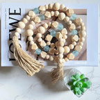 OMISHE Wood Bead Garland with Tassels 52 Inches, Octagonal Handmade Wooden Beads with Blue Acrylic Beads, Boho Wooden Beads Home Decor, Farmhouse Beads Garland for Tiered Tray Decor Beach Decor