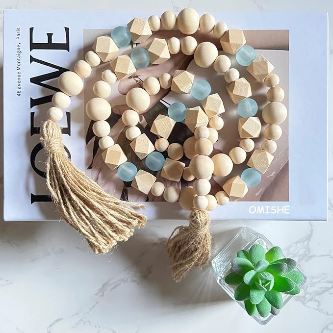 OMISHE Wood Bead Garland with Tassels 52 Inches, Octagonal Handmade Wooden Beads with Blue Acrylic Beads, Boho Wooden Beads Home Decor, Farmhouse Beads Garland for Tiered Tray Decor Beach Decor
