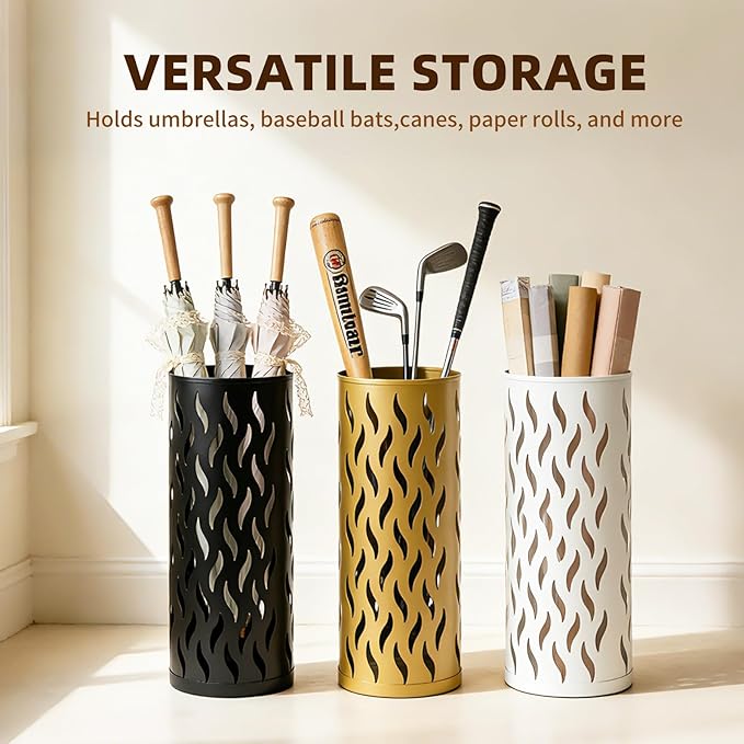 Umbrella Holder, Metal Umbrella Stand for Entryway, Umbrella Storage Rack with 4 Hooks Decor, Home, Office,5.8 × 5.8 × 16.4 (White)