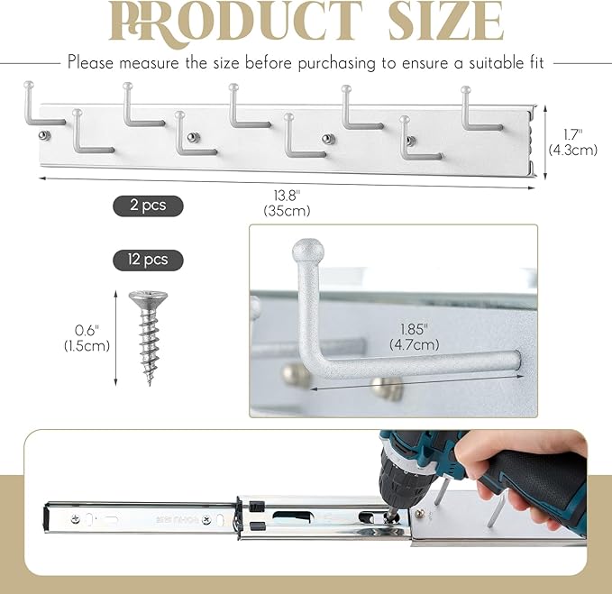 Blulu 2 Pcs 13.8'' Sliding Tie Rack Hangers for Closet, 9(Total 18) Tie Pull Out Wall Mounted Extending Sturdy Metal Belt Organizer Holder for Men Belt Storage, Sliver