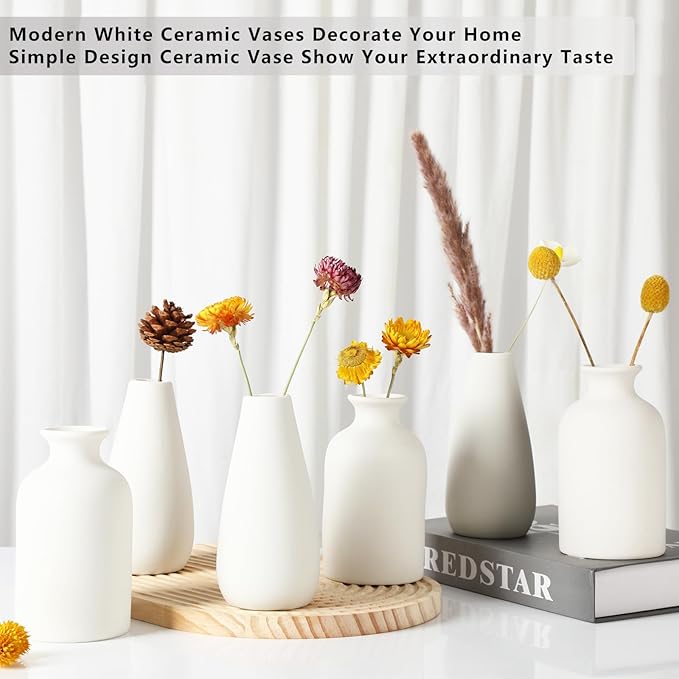 YANLING 6 Pcs White Vase Ceramic Vases for Home Decor, 5.6 inch White Ceramic Vases for Centerpieces Small Boho Vases, Pampas Grass Vases Table Vase for Dried Flowers Decor