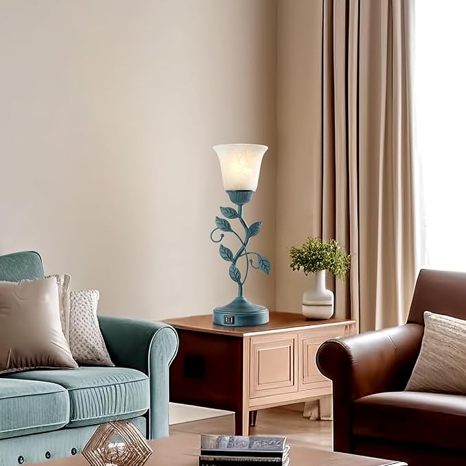 Vintage Touch Table Lamp for Living Room, 3-Way Dimmable Nightstand Lamp with 2 USB Ports, Farmhouse Rustic White Glass Shade Leaf Desk Lamp for Bedroom End Table, LED Bulb Included