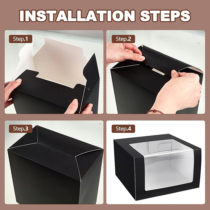 100 Pcs 50 Pack Hat Boxes with Clear Window, Foldable Black Gift Boxes for Baseball Caps, Storage, Display and Shipping (Black)