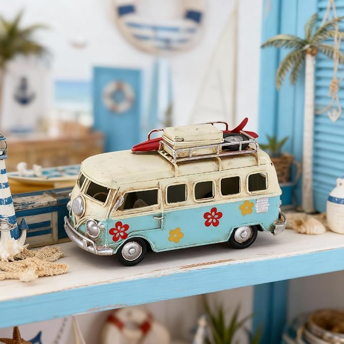 Vintage Mini Camper Van Decor, Tropical Flower Decals, Coastal Beach Style Ornament for Shelf Table Home Decoration, Light Blue