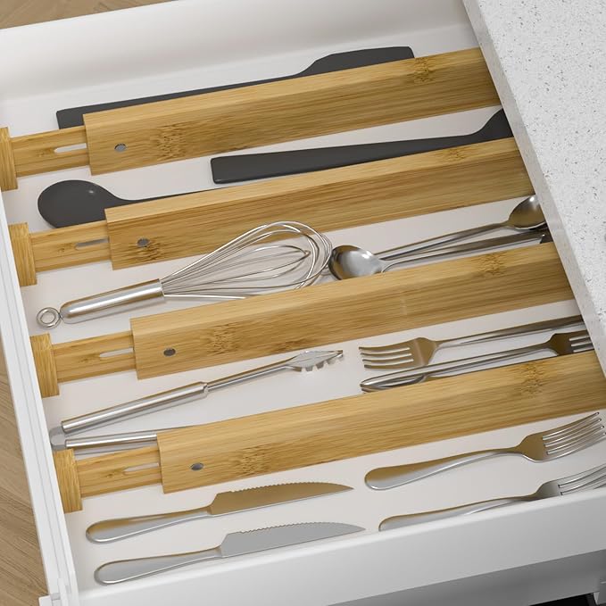 Ruichang Bamboo Kitchen Drawer Divider 4 Pack,17-22" Adjustable Dresser Drawer Organizer for Bathroom,Bedroom,Natural,2.4 inch High