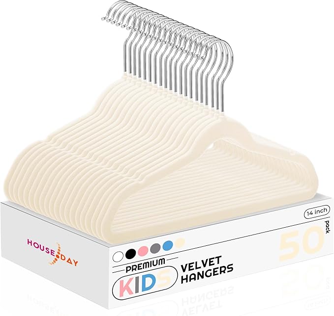 HOUSE DAY 14 Inch Kids Velvet Hangers 50 Pack, Durable Big Kid Hangers for Youth, Non Slip Kids Felt Hanger, Cute Childrens Hanger for Closet, Beige