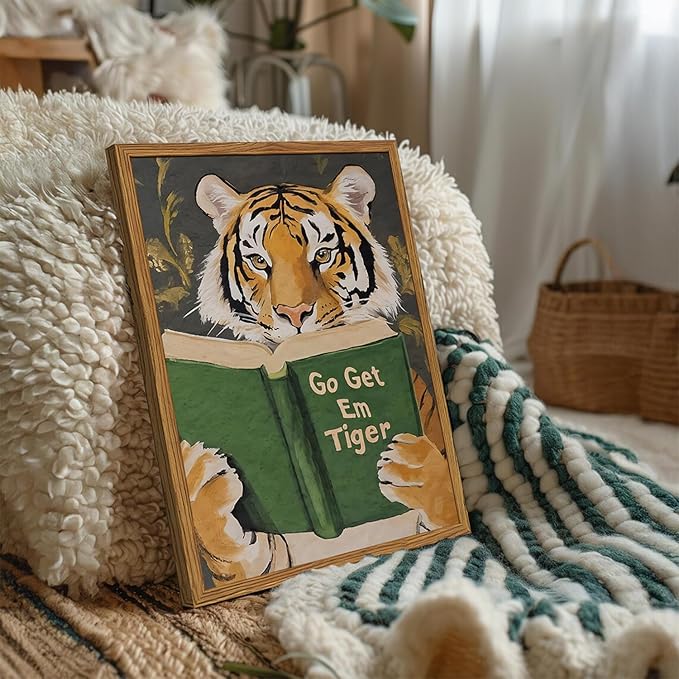 Framed Funny Tiger Wall Art, Motivational Animal Reading Wall Decor Paintings, Eclectic Go Get Em Tiger Canvas Prints Pictures Home Decor for Living Room Bedroom Dorm Office 16x24 inch
