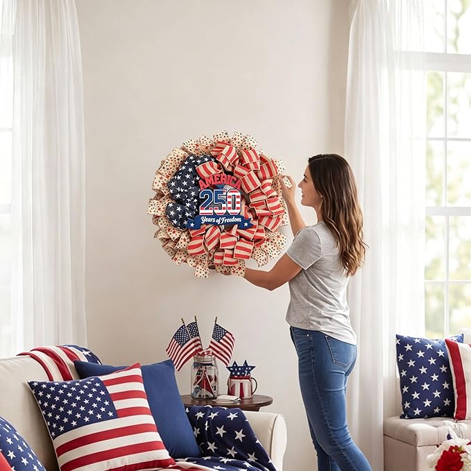 24Inch 4th of July Wreath, Patriotic Burlap Wreath for Front Door,Stripe and Stars Wreaths for USA 250th Anniversary, Memorial Day American Flag Printed Decorations for Outdoor (Flag Wreath)