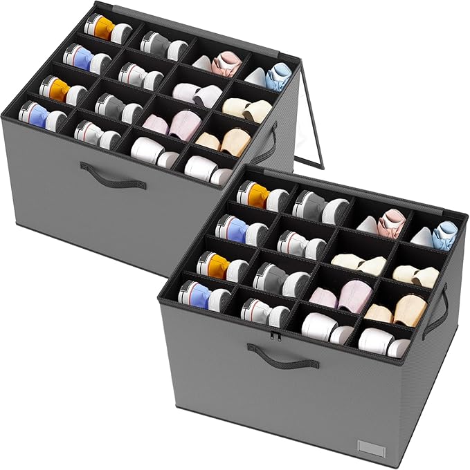 VERONLY 2-Pack Foldable Shoe Organizer for Closet and Storage Box with Adjustable Divider,Fits 16-32 Pairs, Space-Saving Closet & Entryway Storage System with Grey Fabric Bins