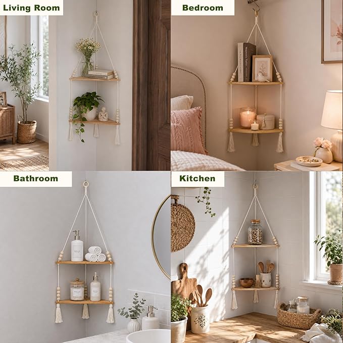Artilady Macrame Wall Hanging Corner Shelf 2-Tier, Adjustable Boho Stable Shelves Display for Indoor Plants Candle Holder, Rustic Bedroom Living Room Home Decor (Beige 2-Tier)