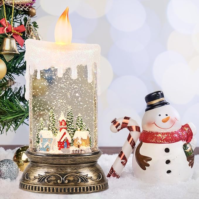 Eldnacele Christmas Music Snow Globe Lantern with Timer, Battery Operated & USB Powered Lighted Snowy Cabin Scene Singing Snow Globe Candle Lamp Spinning Water Glitters Holiday Xmas Decor
