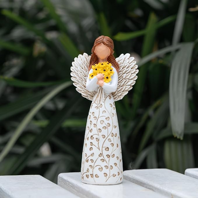 Hand-Painted Angel Figurine with Sunflower & Tree of Life Design - 5.9" Collectible Sculpture for Retirement Gifts, Home Decor, Sunflower Lovers