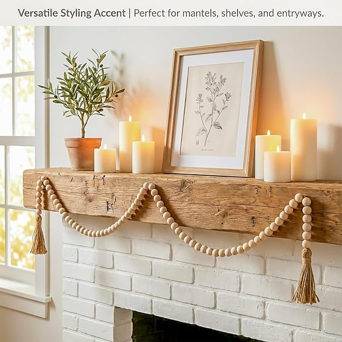 RAINFLOW Wood Bead Garland with Tassels - 2PCS Farmhouse Rustic Country Decorative Beads Home Decor, Natural Color, 50inch 14mm 84 Round,Boho,Farmhouse Beads Wall Hanging Decor